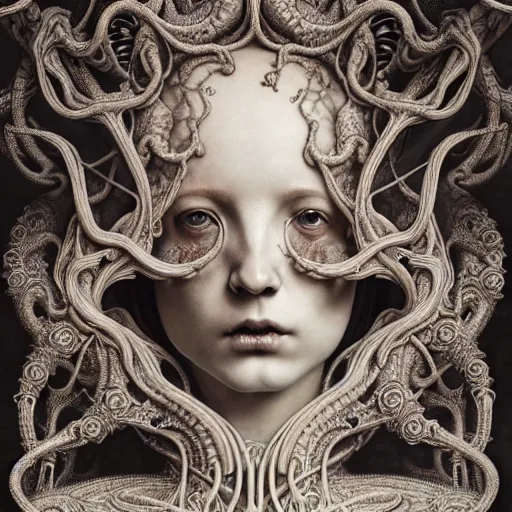 Image similar to detailed realistic beautiful porcelain calaveras portrait by jean delville, gustave dore, iris van herpen and marco mazzoni, art forms of nature by ernst haeckel, art nouveau, symbolist, visionary, gothic, neo - gothic, pre - raphaelite, fractal lace, intricate alien botanicals, ai biodiversity, surreality, hyperdetailed ultrasharp octane render