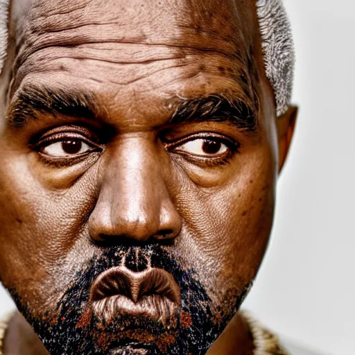 Image similar to the face of old kanye west wearing yeezy clothing at 6 0 years old, portrait by julia cameron, chiaroscuro lighting, shallow depth of field, 8 0 mm, f 1. 8