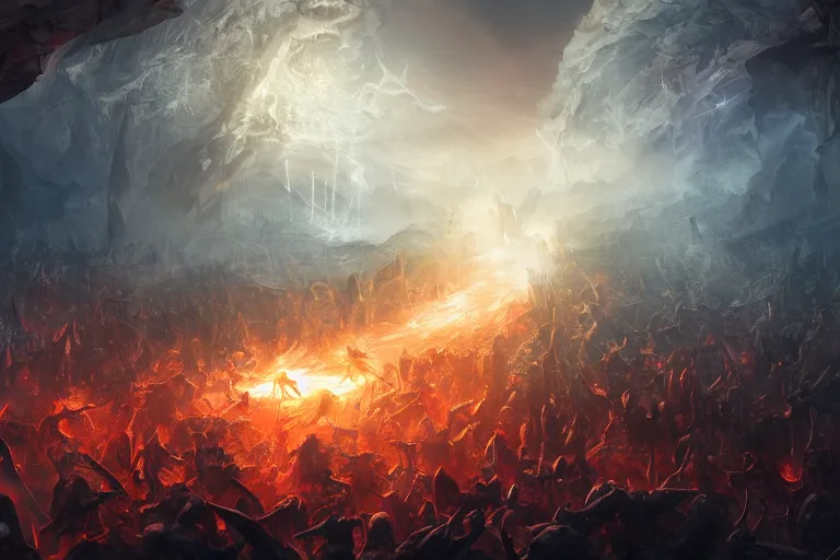 Image similar to an intense beam of light burning down a horde of demons, digital painting, mixed media, trending on artstation and deviantart, epic composition, highly detailed, 8 k