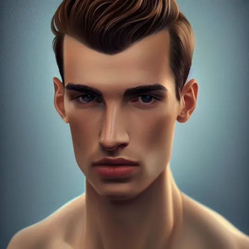 Image similar to tall man in his twenties with brown blond short quiff hair and slightly round facial structure with cleft chin, straight eyebrows and prominent nose, good definition of cheekbones, big hazel nut brown eyes, narrow face, slim body, atmospheric lighting, painted, intricate, 4 k, highly detailed by charlie bowater