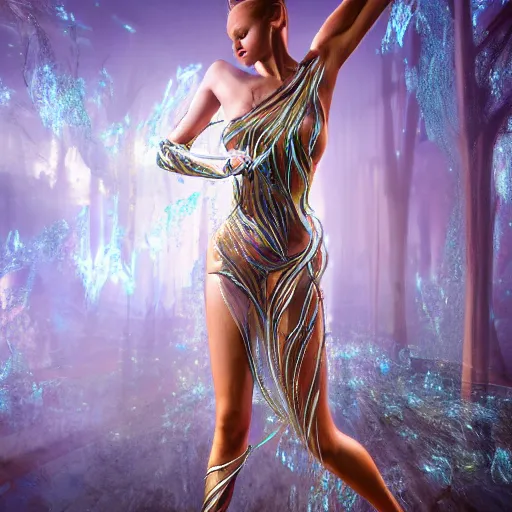 Image similar to a highly detailed ethereal full body, digital image of a elegantly posed dancing futuristic woman beautifully intertwined in realistic chrome foliage dress liquid like water, full body shot, by Andrew Chiampo, artstation, and Frederik Heyman, extremely detailed woman, stunning volumetric lighting, hyper realism, fantasy, intricate detail, 4k,