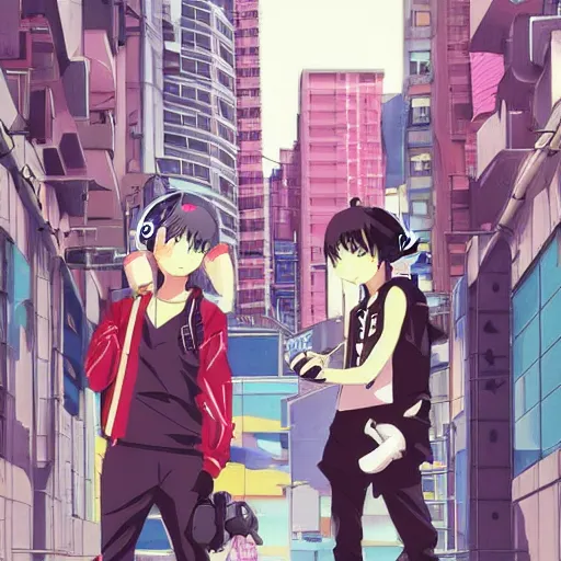 Image similar to twin japanese anime boys, short boys, long black hair, headphones, rollerblades, cel - shading, 2 0 0 1 anime, flcl, jet set radio future, the world ends with you, futuristic city, japanese city, colorful buildings, cel - shaded, strong shadows, vivid hues, y 2 k aesthetic, art by artgerm