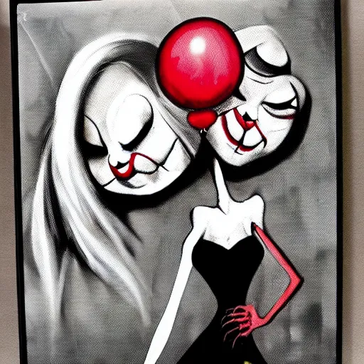 Image similar to grunge cartoon painting of margot robbie with a wide smile and a red balloon by chris leib, loony toons style, pennywise style, corpse bride style, horror theme, detailed, elegant, intricate