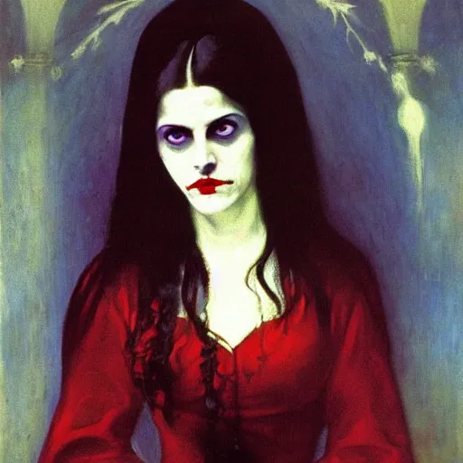 Image similar to A beautiful painting of a lady vampire, victorian, dracula, ominous, oil on canvas, photorealism, edvard munch, Johann Heinrich Füssli, irwin penn, high definition, soft light