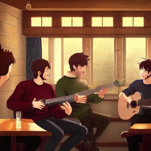 Image similar to five irishmen in aran sweaters singing in a pub, one is playing an acoustic guitar, highly detailed, digital painting, concept art, sharp focus, by makoto shinkai