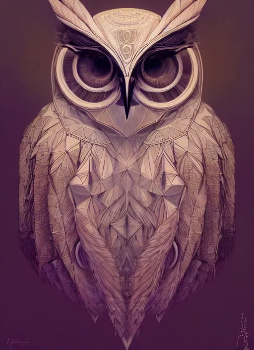 Image similar to portrait of a geometric owl, identical eyes, medium shot, illustration, full body made of white feathers, symmetrical, art stand, super detailed, cinematic lighting, and its detailed and intricate, gorgeous, by peter mohrbacher