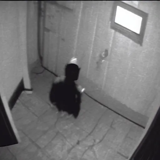 Image similar to terrifying clown in the corner of a dark room, creepypasta, security cam footage