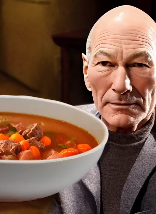 Prompt: patrick stewart's head half submerged in a bowl of beef stew