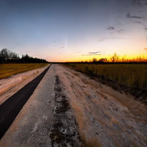 Image similar to wide angle photograph of a road cutting through an empty prairie that leading out into space, twilight, fine details