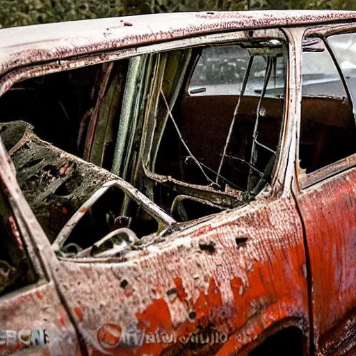 Prompt: 1 9 8 0 ford car partialy rusted and window broken, in an overgrown industrial factory