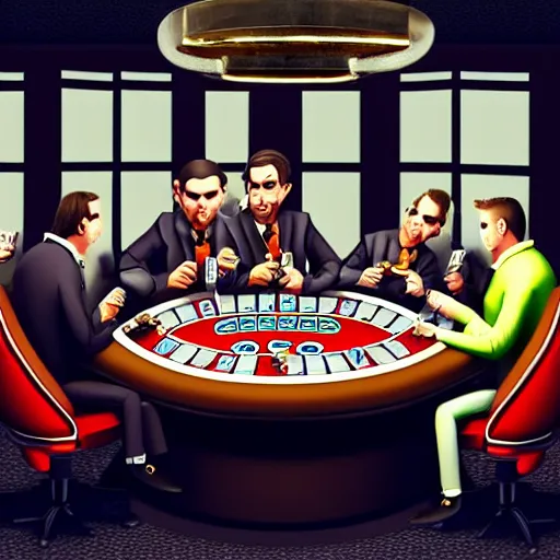 Prompt: 8 monkeys playing poker at a poker table smoking cigarettes and dressed in suits, 4 k, hyper realistic, dslr, high resolution, landscape, beautiful