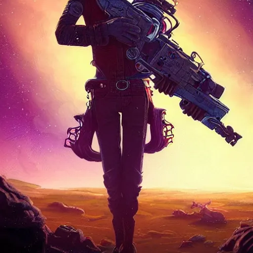 Image similar to No man's sky Gunslinger cowboy colorful, fantasy, intricate, highly detailed, digital painting, HQ, trending on artstation, illustration, style of Stanley Artgerm and Greg Rutkowski and Dan Mumford