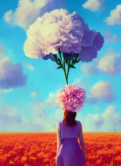 Image similar to portrait of a woman with a giant carnation as a face, flower field, surreal photography, sunset dramatic light, impressionist painting, colorful clouds, blue sky, digital painting, artstation, simon stalenhag