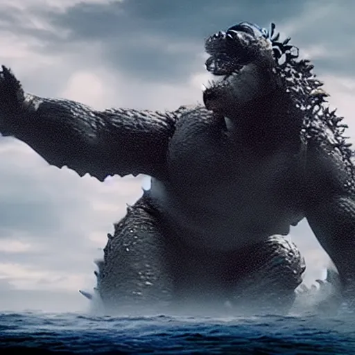 Prompt: a film still of Godzilla fighting King Kong in the ocean, epic scene, high quality