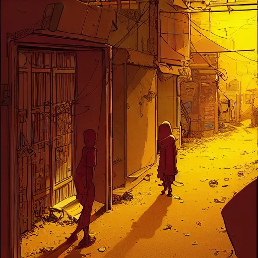 Prompt: an illustration of an abandoned alleyway. slum town on an alien desert world. beautiful lighting. moebius. digital illustration.