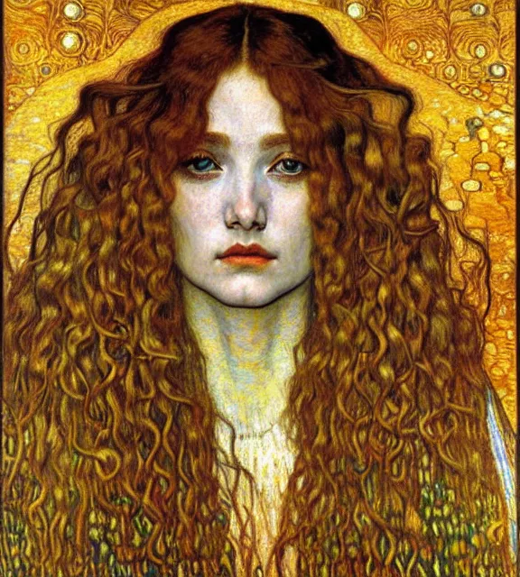 Image similar to detailed realistic beautiful young medieval queen face portrait by jean delville, gustav klimt and vincent van gogh, art nouveau, symbolist, visionary, gothic, pre - raphaelite, muted earthy colors, desaturated