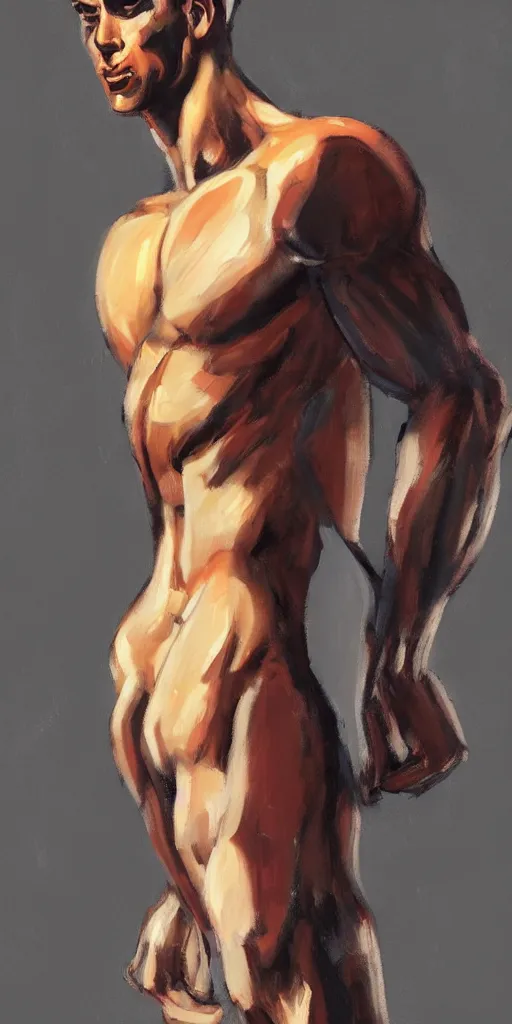 Image similar to closeup, very few thick long paint brush strokes, outline suggesting the physique of one!!! very thin athletic man posing dramatically, closeup, matte colors, dark background, abstract painting trending on artstation