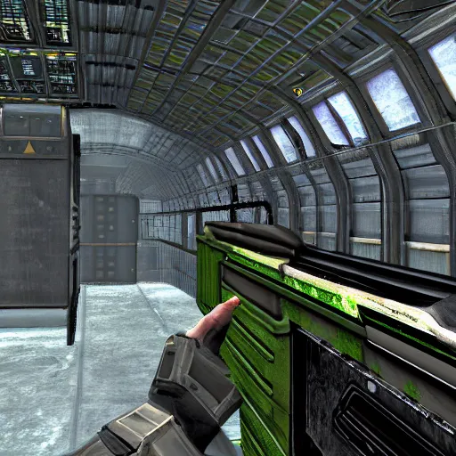 Prompt: half - life g - man ending screenshot, train, space, green