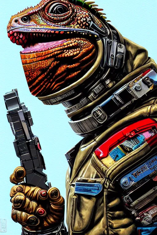 Image similar to a portrait of a muscular anthropomorphic cyberpunk iguana! in leather spacesuit armor with a large head by sandra chevrier, by jon foster, detailed render, pistol in holster, tape deck, epic composition, cybernetics, 4 k realistic, cryengine, realistic shaded lighting, sharp focus, masterpiece, by enki bilal