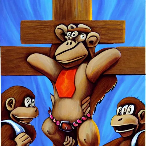 Prompt: Donkey Kong dies on the cross for our sins, oil painting