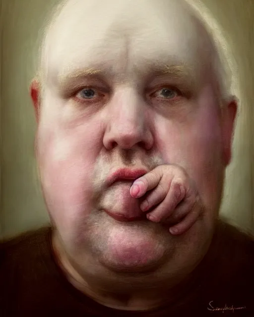 Image similar to an extreme close up portrait a very ordinary overweight old man with an blank expression, by sarah moon, very pale skin, very blurry, translucent white skin, foggy, oil painting, photorealistic, anatomically correct, beautiful perfect face, visible brushstrokes, sharp focus, highly detailed, cinematic lighting, 8 k, hd