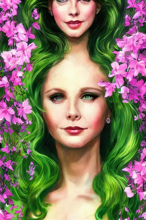 Prompt: portrait of a beautiful young olivia newton john from grease as titania, summer queen. faerie queen. queen of light, green, poison ivy, made by caravaggio stanley artgerm lau wlop rossdraws artstation cgsociety concept art cgsociety octane render