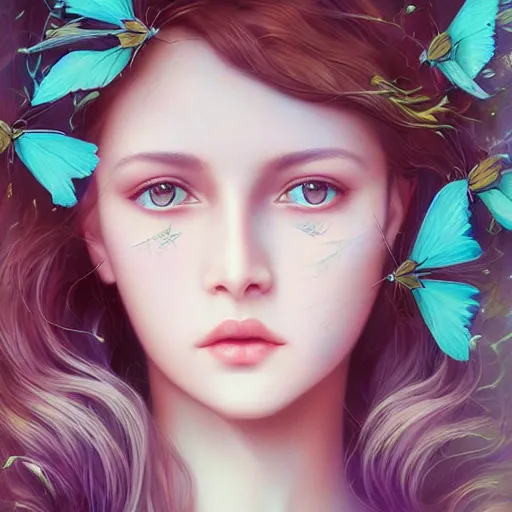 Prompt: surreal, beautiful, young woman, detailed gorgeous face, sad eyes, vaporwave aesthetic, synthwave , digital art, butterflies, birds, plants, branches, leaves, digital painting, artstation, concept art, smooth, sharp focus, illustration, art by Marcela Bolivar - n 9