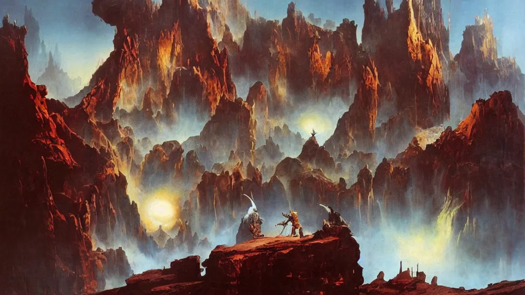 Image similar to journey to the center of the earth by frank frazetta and bruce pennington, cinematic matte painting