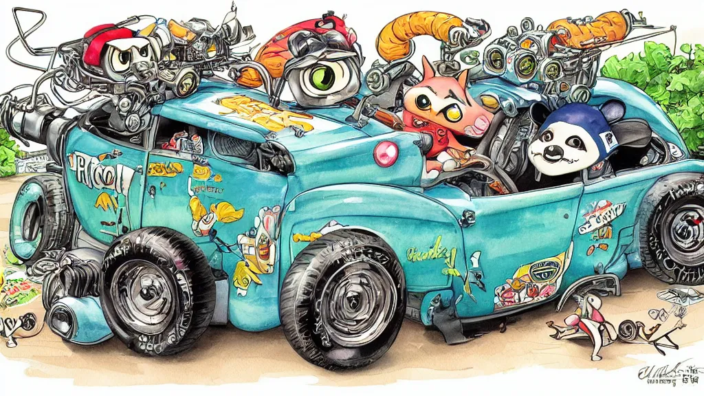 Image similar to cute and funny, racoon riding in a tiny hot rod coupe with oversized engine, ratfink style by ed roth, centered award winning watercolor pen illustration, hyperdetailed isometric illustration by chihiro iwasaki, edited by range murata