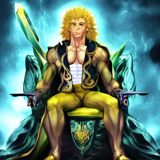 Image similar to dio from jojo's bizarre adventure sitting on a throne, matte art by ross tran, dim lighting