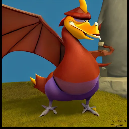 Prompt: character 3 d concept art page of a cute wacky humanoid goose with a coat as an enemy in spyro the dragon video game concept art, spyro trilogy remaster concept art, playstation 1 era graphics, activision blizzard style, 4 k resolution concept art