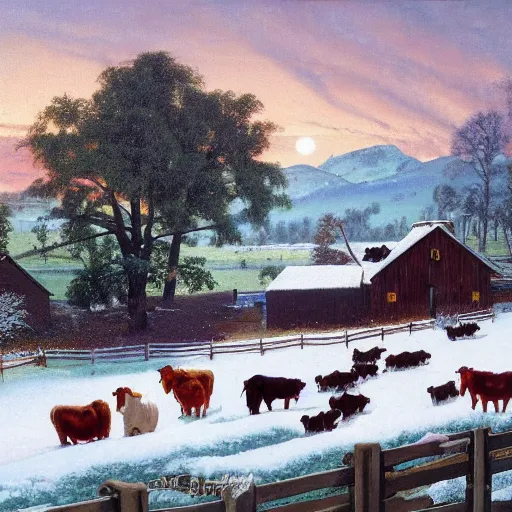 Prompt: an extremely detailed matte painting of a rancher feeding the animals at sunrise, dog, cows, sheep, chickens, ducks, 4 k, ranch the morning after a light snowfall, by bob ross and norman rockwell