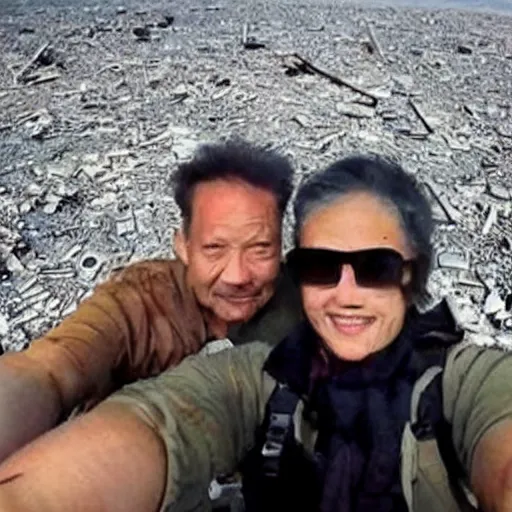 Image similar to last selfie before end of earth, nukes at background, very scarry and depressing