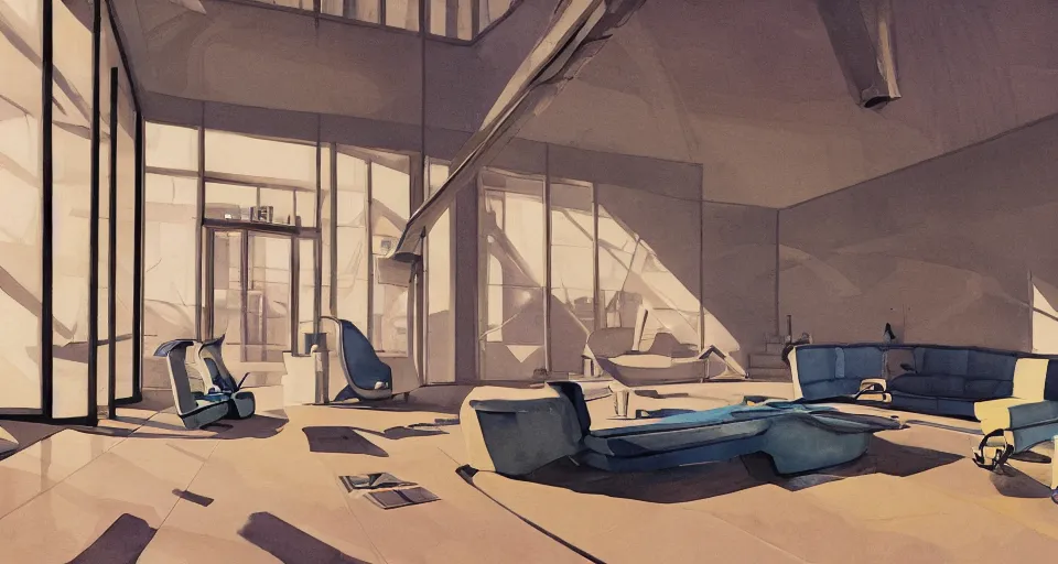 Image similar to a beautiful illustration of futuristic interior hall, lots of furniture, sofa, waiting room, big medium small, sacred geometry, golden ratio, in watercolor gouache detailed paintings, in style of syd mead, trending on artstation,8k, panel, hard surface, vent, zaha hadid, props, plant, cozy,decoration around the room