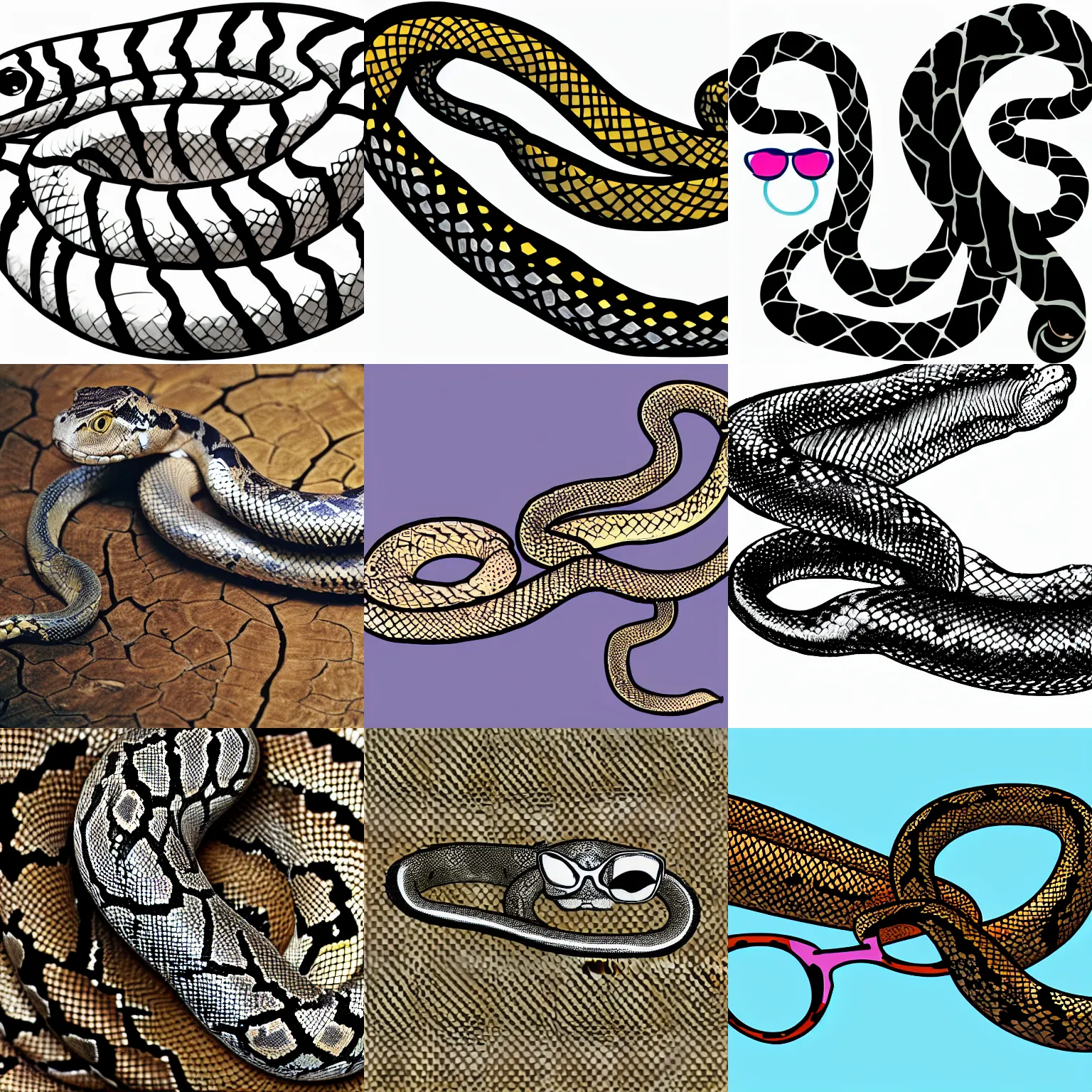 Prompt: a python snake wearing glasses, clip art, high quality