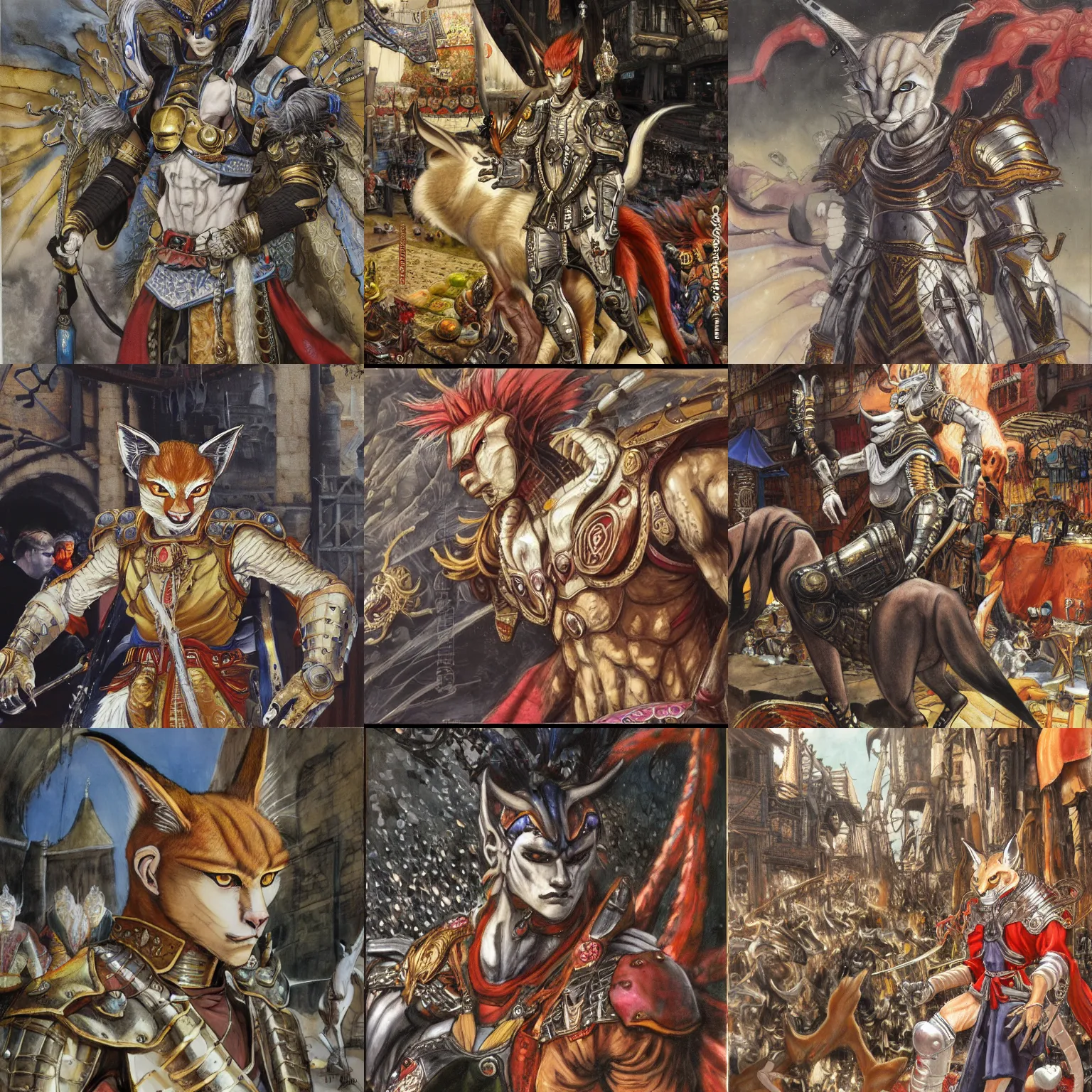 Image similar to 8k Yoshitaka Amano painting of upper body of a young cool looking slim caracal beast-man with white mane at a medieval market at windy day. Depth of field. He is wearing complex fantasy armors. He has huge paws. Renaissance style lighting.