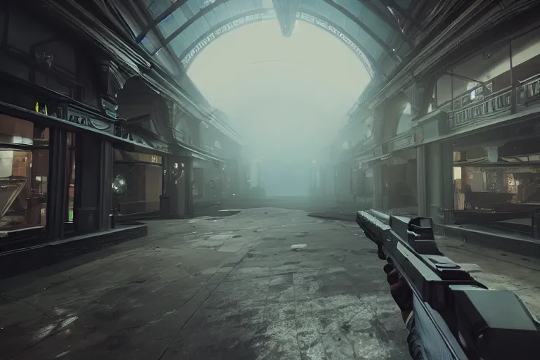 Image similar to a first person shooter game trailer on a victorian shopping mall, cinematic lightning, ray tracing, unreal engine 5, photorealistic, first person point of view, fps game concept art, detailed, moody, foggy