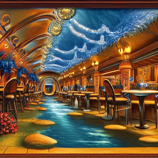 Image similar to beautiful Peter Mohrbach and Mark Keathley highly detailed illustration of an underwater art deco lounge