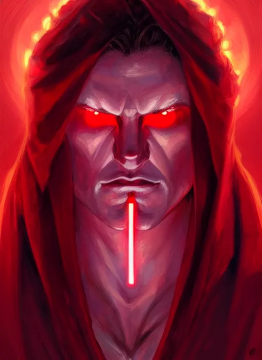 Image similar to symmetry!! Night!! portrait of a man, long hair, glowing red eyes!! Sith, evil! muscular, robes! intricate, elegant, highly detailed, digital painting, artstation, concept art, smooth, sharp focus, illustration, art by artgerm and greg rutkowski and alphonse mucha