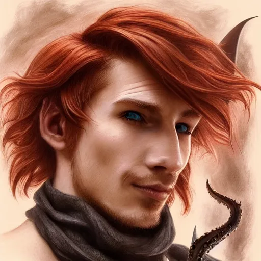 Prompt: portrait of a shark with a humanoid face, male, handsome, masculine, full body, red hair, long hair, soft hair, fantasy, intricate, elegant, highly detailed, suit, coffee shop, digital painting, artstation, concept art, character art, smooth, sharp focus, illustration, art by artgerm and greg rutkowski and alphonse mucha