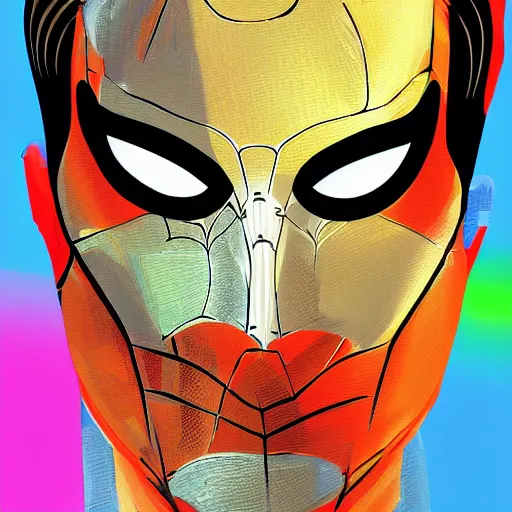 Image similar to portrait of tobey maguire's spider man in mask, highly detailed, centered, solid color background, digital painting