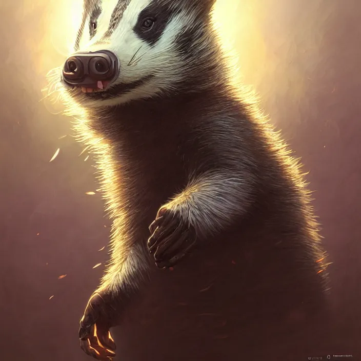 Image similar to highly detailed portrait of a cute badger, unreal engine, fantasy art by greg rutkowski, loish, rhads, ferdinand knab, makoto shinkai and lois van baarle, ilya kuvshinov, rossdraws, tom bagshaw, alphonse mucha, global illumination, radiant light, detailed and intricate environment