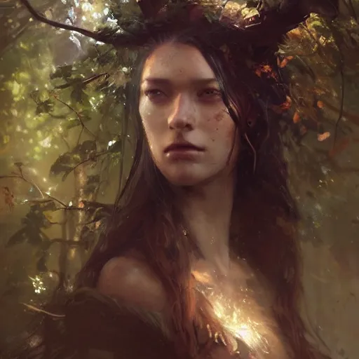 Prompt: a beautiful portrait of a forest goddess by Greg Rutkowski and Raymond Swanland, Trending on Artstation, ultra realistic digital art