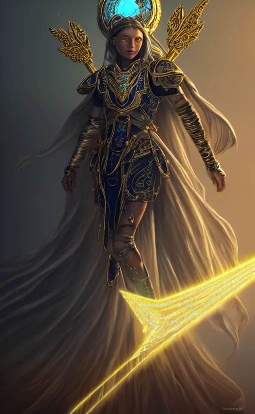 Prompt: beautiful celestial hunter goddess, with labradorite armor, a cloak, bow and arrows made of crystal and gold, in the style of destiny, dark background, darksynth color palette, mist, volumetric lighting, god rays lighting, detailed, ornate, intricate details, cinematic lighting, hyper detailed, gold filigree, magic wisps, greg rutkowski, artstation