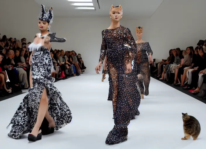 Prompt: fashion models on a catwalk, there is also a real cat, fashion show photography, afp