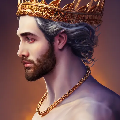 Image similar to portrait of a radiant greek mythology god, jewelry, crown, confident, handsome, dramatic lighting, detailed, very realistic, trending on Artstation, Cgsociety