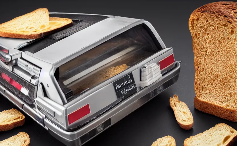 Image similar to a time-traveling delorean styled toaster with toast, bread inserted into slot, professional product shot, magazine ad