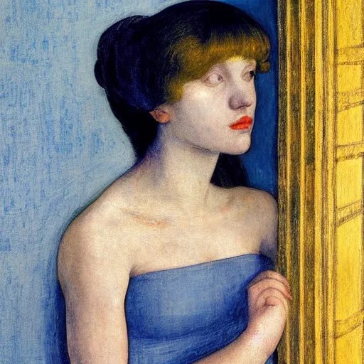 Image similar to close up of a girl in a blue and gold haunted liminal abandoned room, film still by edward hopper, by Pontormo, by klimt, by dante gabriel rossetti, pre-raphaelite. art noveau, art noveau, highly detailed, strong lights, liminal, eerie, Bright pastel colors