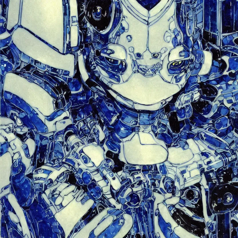 Image similar to a close - up portrait of an ornate blue and white porcelain mecha made out of white vitrified translucent ceramic ; china. reflective detailed textures. gloomy black background. highly detailed fantasy science fiction painting by moebius, norman rockwell, frank frazetta, and syd mead. rich colors, high contrast. artstation