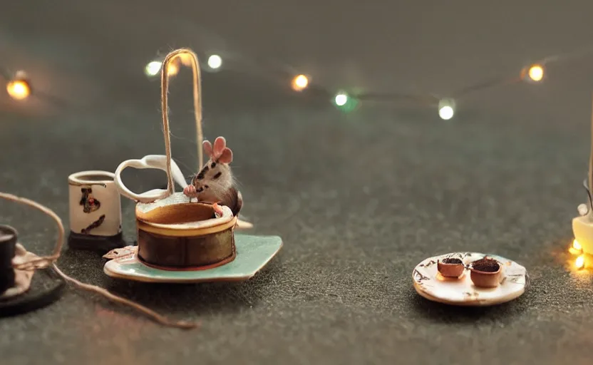 Image similar to mini cafe for mice diorama macro photography, ambient, atmospheric photograph, string lights